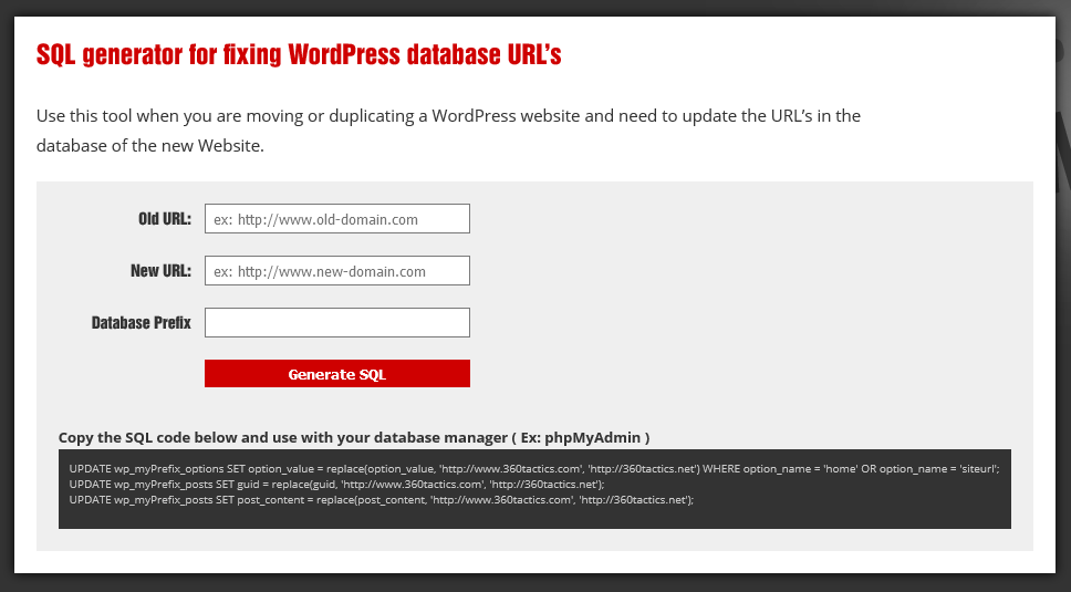 MySQL generator for moving a WordPress Database